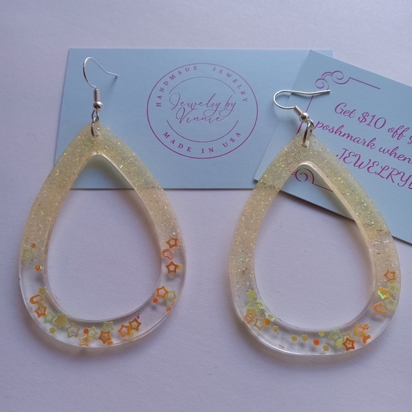 Hand Crafted Jewelry - Hand Crafted Glittering Teardrop Earrings - Gold and Orange